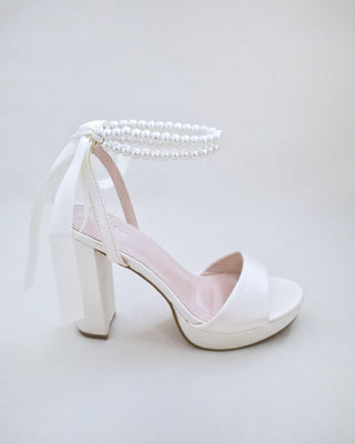 Satin Platform Block Heel Wedding Sandals with Double Pearls Strap