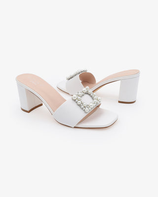 Satin Block Heels Slide Wedding Sandals with Pearlisse BuckleWomen Shoes