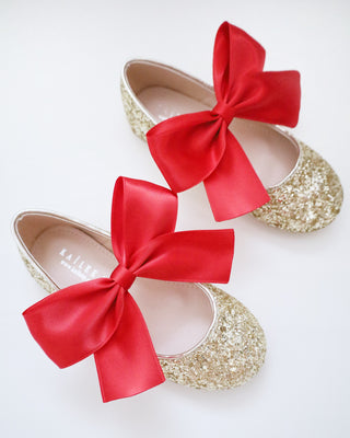 Gold Rock Glitter Mary Jane with Red or Royal Blue Satin Bow