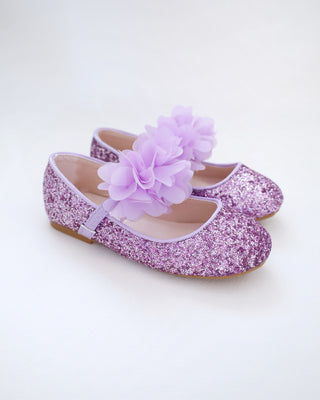 Rock Glitter Mary Jane Flats with Purple Chiffon Flowers