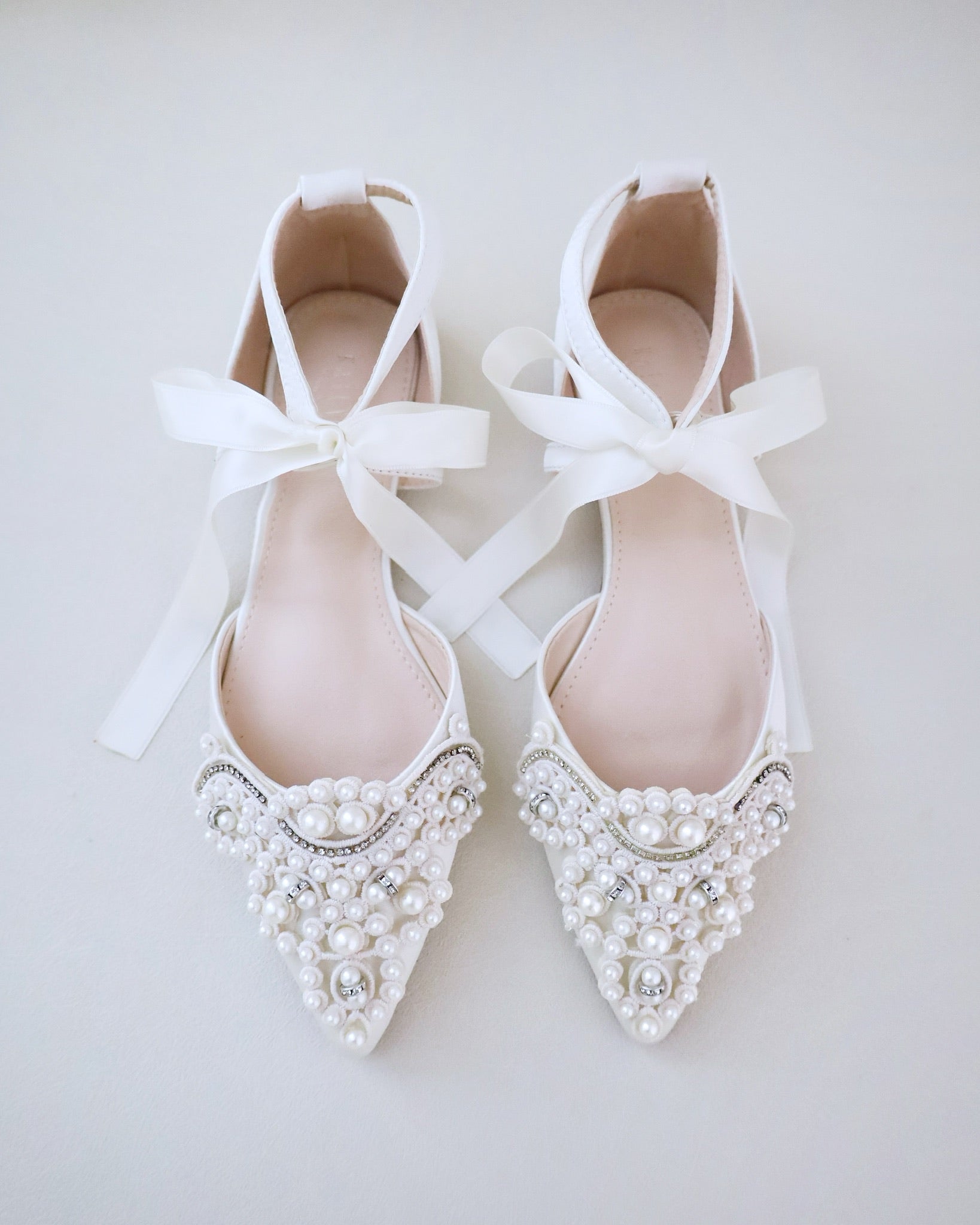 Ivory Satin Pointy Toe Flats with Oversized Pearls Applique