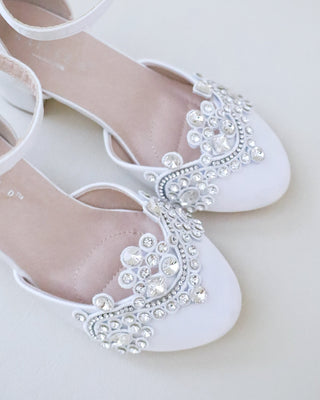 white satin girls block heels with rhinestones applique on vamp