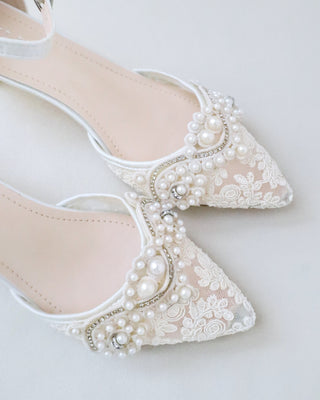 ivory crochet lace wedding low heel with pearls