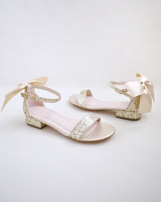 Rock Glitter Low Block Heel Wedding Sandals with Back Satin Bow