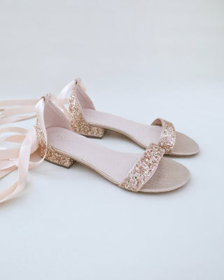 Rose Gold Rock Glitter Low Block Heel Ballerina Bridesmaids Sandals