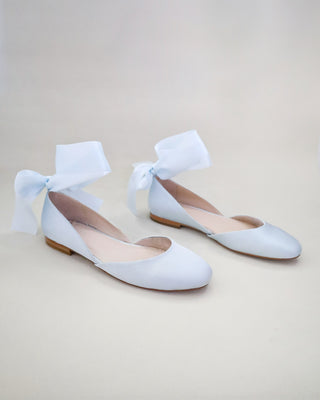 Satin Round Toe Bridal Flat with Wrapped Ribbon Tie