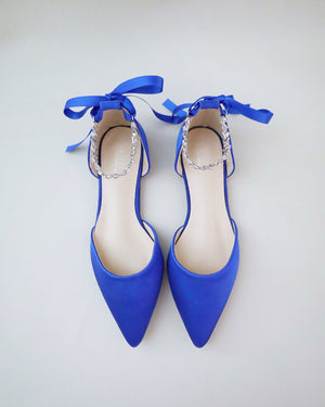 Satin Pointy Toe Evening Flats with Amaryllis Strap