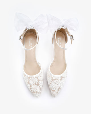 Crochet Lace Pointy Toe Wedding Low Heels with Tulle Back Bow