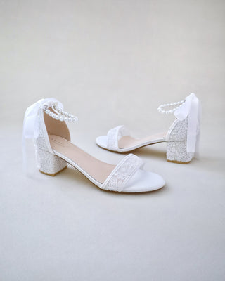 white crochet lace wedding heel sandals with pearl strap