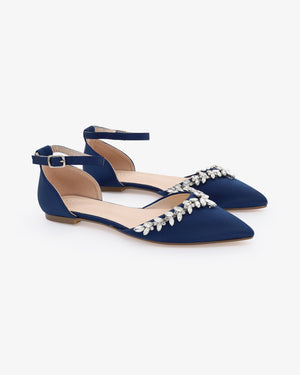 Satin Pointy Toe Evening Flats with Starlet Rhinestones Embellishments