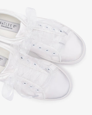 White Satin Wedding Platform Sneakers with Sheer Lace Bow