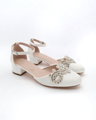 Round Toe Satin Block Heel with Small Rhinestones Applique