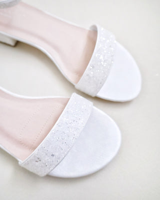 White Glitter low block heels wedding sandals with satin bow