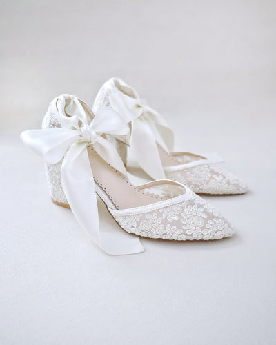 ivory lace block heels with ankle tie