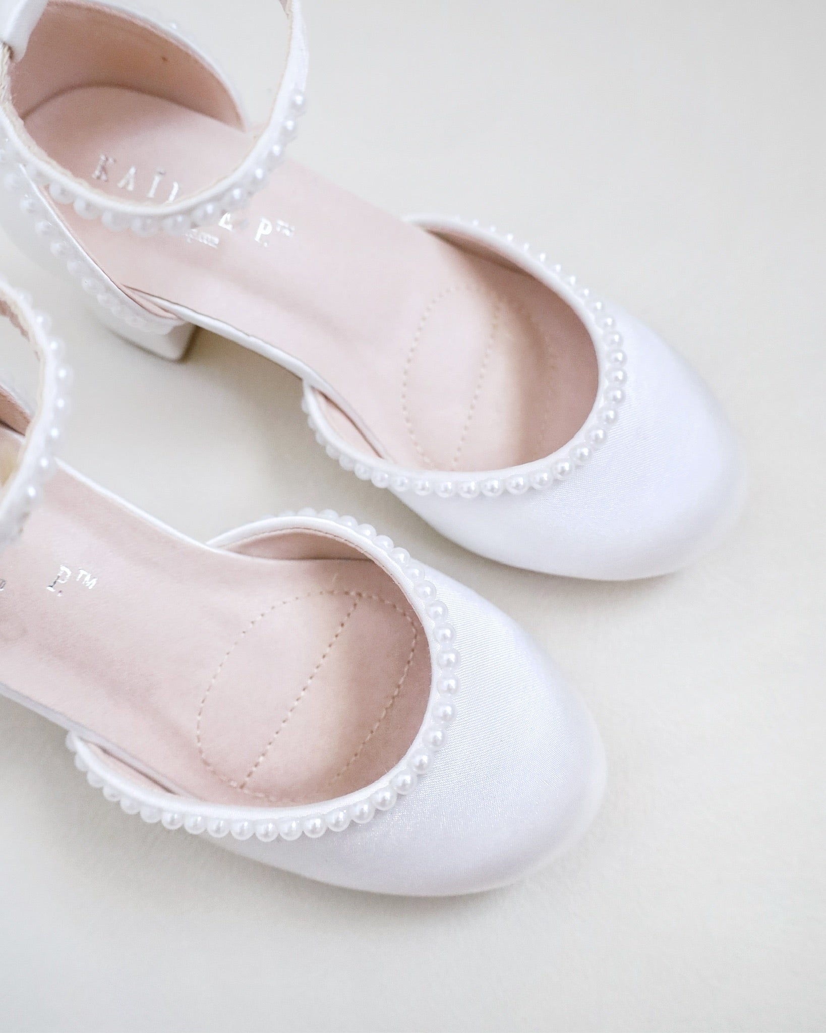 White Satin Girls Block Heel with Mini Pearls, Flower Girls Shoes White Satin Girls Block Heel with Mini Pearls, Flower Girls Shoes