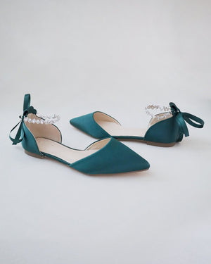 Satin Pointy Toe Evening Flats with Amaryllis Strap