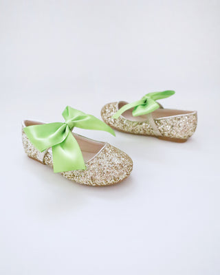 Gold Rock Glitter Mary Jane with Apple Green Satin Bow