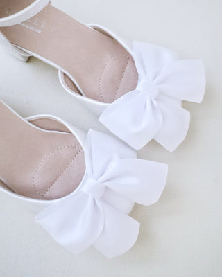 white satin block heels flower girls shoes with satin bow