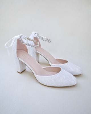 white lace wedding block heels with rhinestones