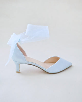Satin Pointy Toe Kitten Low Heel with Wrapped Ankle TieWomen Shoes