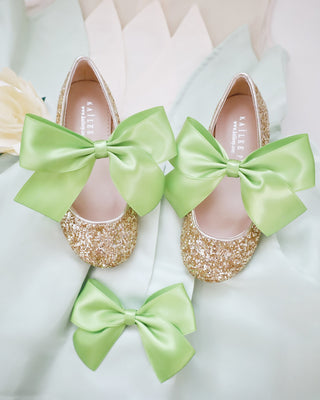 Gold Rock Glitter Mary Jane with Apple Green Satin Bow