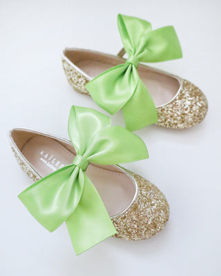 Gold Rock Glitter Mary Jane with Apple Green Satin Bow