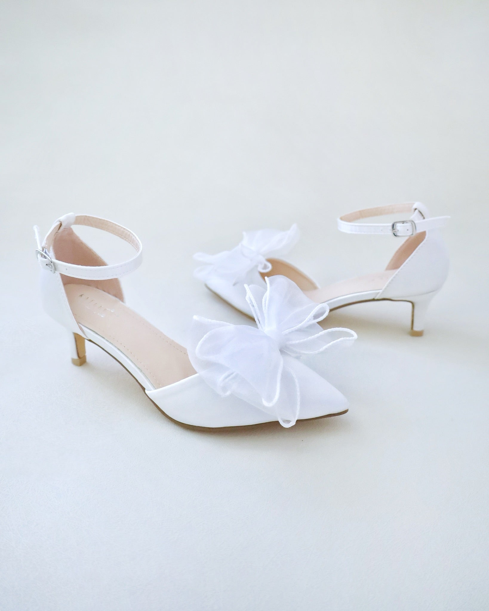 Satin Pointy Toe Wedding Low Heels with Organza Bow, Bridal Shoes