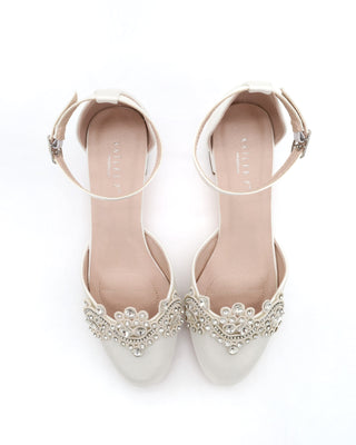 Round Toe Satin Block Heel with Small Rhinestones Applique