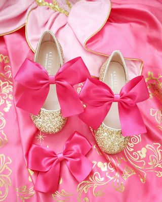 Gold Rock Glitter Mary Jane Flats with Fuchsia Satin Bow