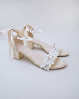 Satin Block Heel Evening Sandals with Perla Applique