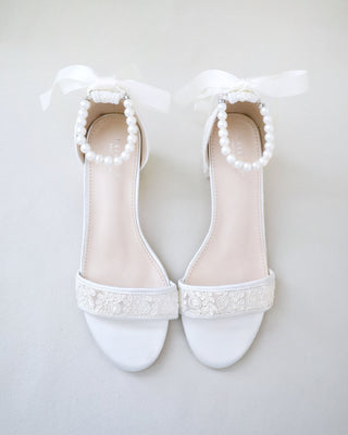 ivory crochet lace wedding heel sandals with pearl strap