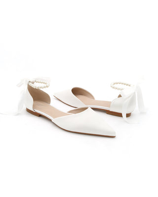 Satin Pointy Toe Bridal Flats with Ribbon Tie or Pearls StrapWomen Shoes