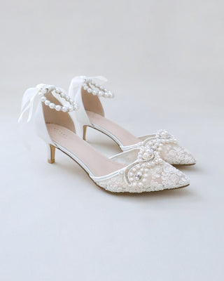 ivory crochet lace wedding low heel with pearls