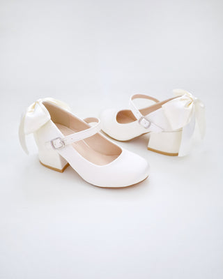 Girls Satin Mary Jane Block Heel with Back Satin Bow