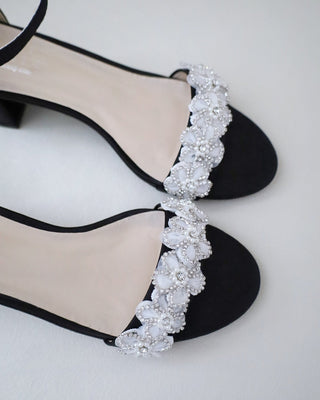 Satin Evening Block Heel Sandals with Rhinestones Chassia Flower