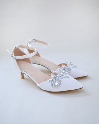 white bridal low heels with rhinestones embellishments