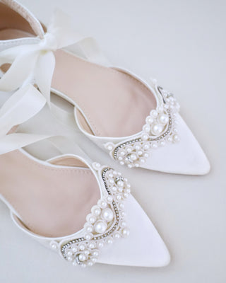 Satin Pointy Toe Flats with Small Pearls Applique Embellishment