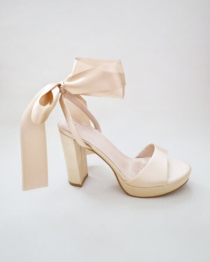 Satin Platform Block Heel Sandals with Wrapped Ribbon Tie