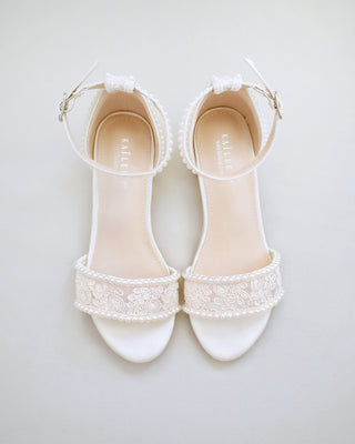 ivory crochet lace block heel sandals with mini pearls