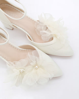 Satin Almond Toe Block Heels Wedding Shoes with Ophelia Flowers
