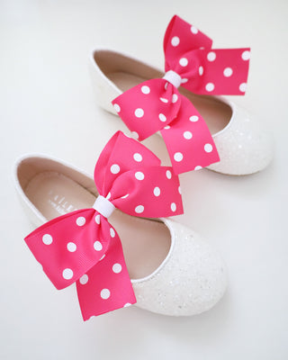 White Rock Glitter Mary Jane Flats with Fuchsia Polka Dot Grosgrain Bow