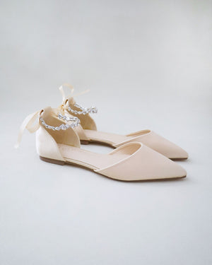 Satin Pointy Toe Evening Flats with Amaryllis Strap