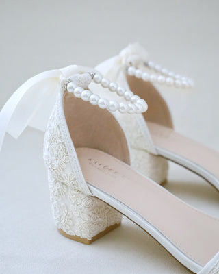 ivory crochet lace wedding heel sandals with pearl strap