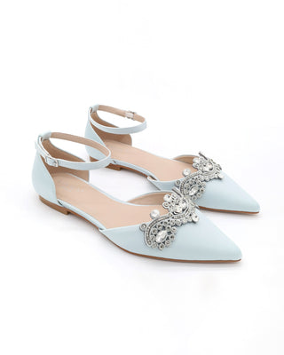 Satin Pointy Toe Flats with Rhinestones Applique Embellishments