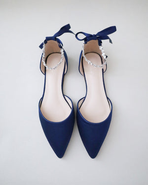 Satin Pointy Toe Evening Flats with Amaryllis Strap