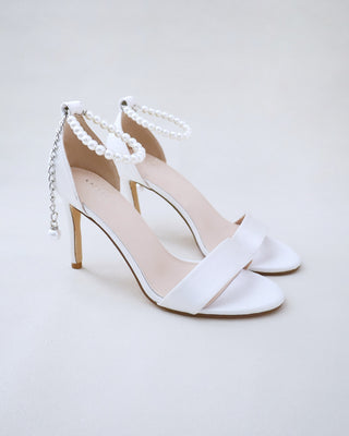 white satin high heel wedding sandals with pearl strap
