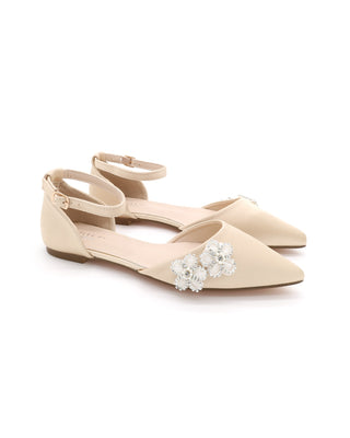 Satin Pointy Toe Evening Flats with Rhinestones Chassia Flower