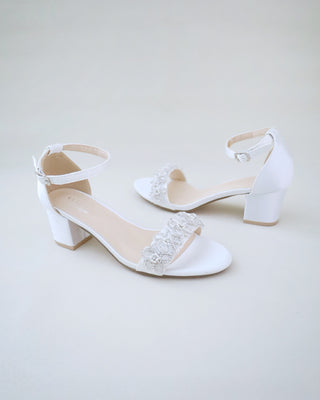 Satin Block Heel Wedding Sandals with Rhinestones Chassia Flower