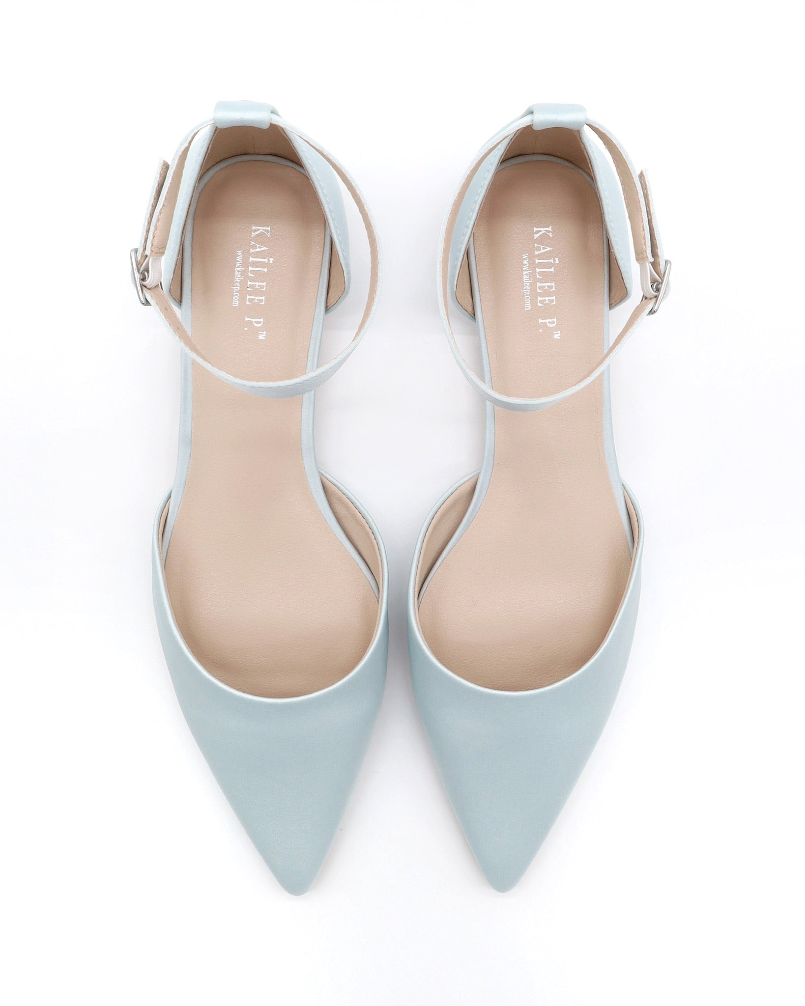 Light Blue Satin Pointy Toe Wedding Flats with Ankle Strap