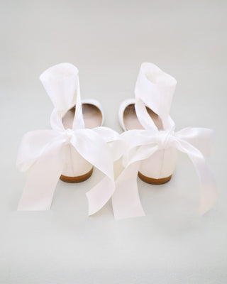Satin Round Toe Bridal Flat with Wrapped Ribbon Tie